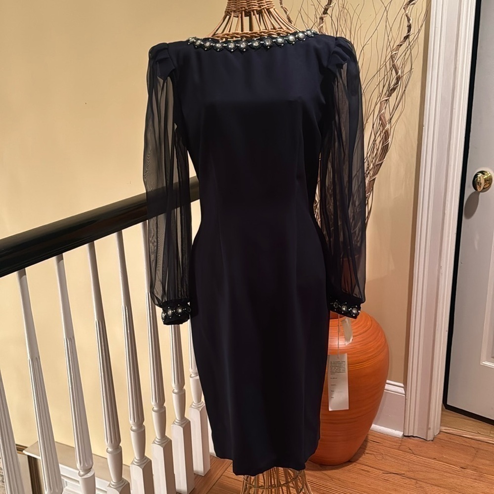 Lisa Michaels NWT navy blue dress ! bling around the neck and arms Made USA 🇺🇸